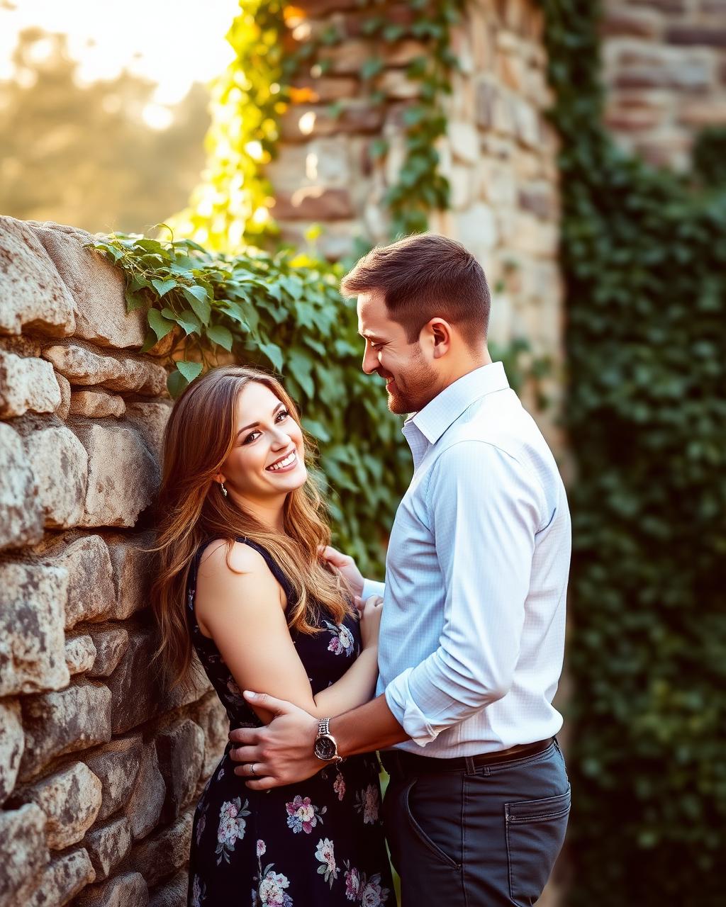 Rafał i Marta przytuleni przy kamiennym murze